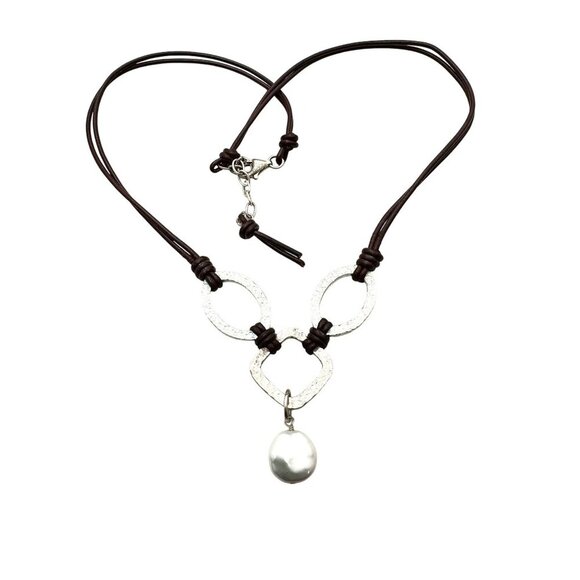 Silpada 925 Sterling Silver Handmade Pearl brown Leather Necklace N1257 Retired - Picture 2 of 3